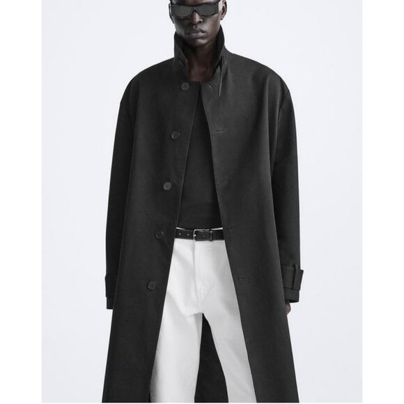 *SOLD* ZARA Men's 100% Cotton Black Trench Coat Size S Oversized Fit NEW! - Picture 7 of 9